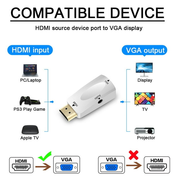 HDMI to VGA Converter with Audio Cable 1080P for PS5, Computer, Desktop, Laptop, Monitor, Projector and More, White - Walmart.com