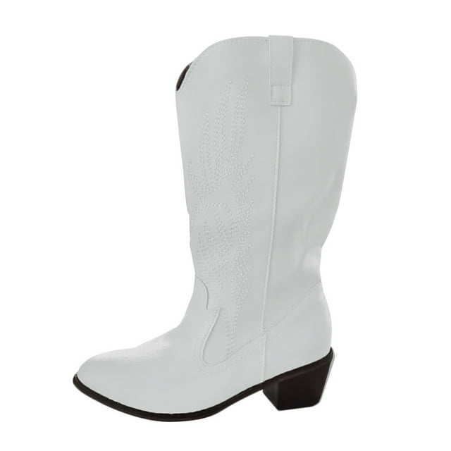 Kcodviy Bottes Mi-Hautes d'Hiver à Enfiler pour Femmes, Bottes Mi-Hautes pour Dames d'Extérieur à Fleurs, Chaussures à Talons Carrés Mi-Hautes pour Femmes, Mi-Hautes pour Femmes, Mi-Hautes pour Femmes