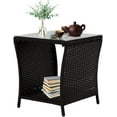 Kinbor Outdoor Wicker Side Table Porch Square Coffee Table with Tempered Glass Top Storage