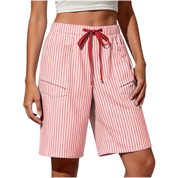 Kinrui Stripes Long Shorts for Women Casual Drawstring Elastic Waist Bermuda Shorts Knee Lenght Summer Beach Shorts with Pockets,Size S-2XL