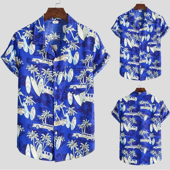 ALLLIST Men Shirts Collared Short Sleeve with Pockets Button Down Shirts Casual Hawaiian Blue Clothes for Men