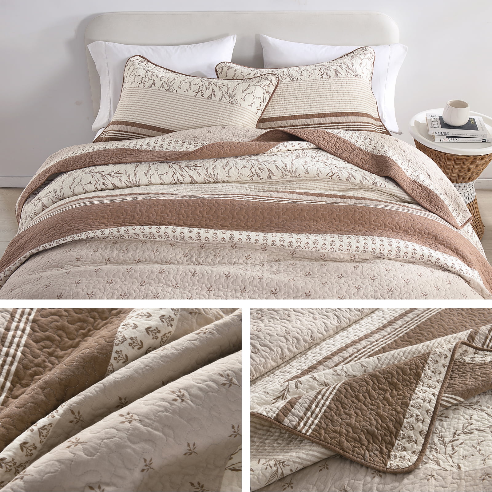 SahSahCasa Quilt Set King Size - 100% Cotton Botanical Farmhouse Quilt King Size, Lightweight Striped Quilted Bedspread, Beige Brown King Quilt Bedding Set All Season, 3 Pieces