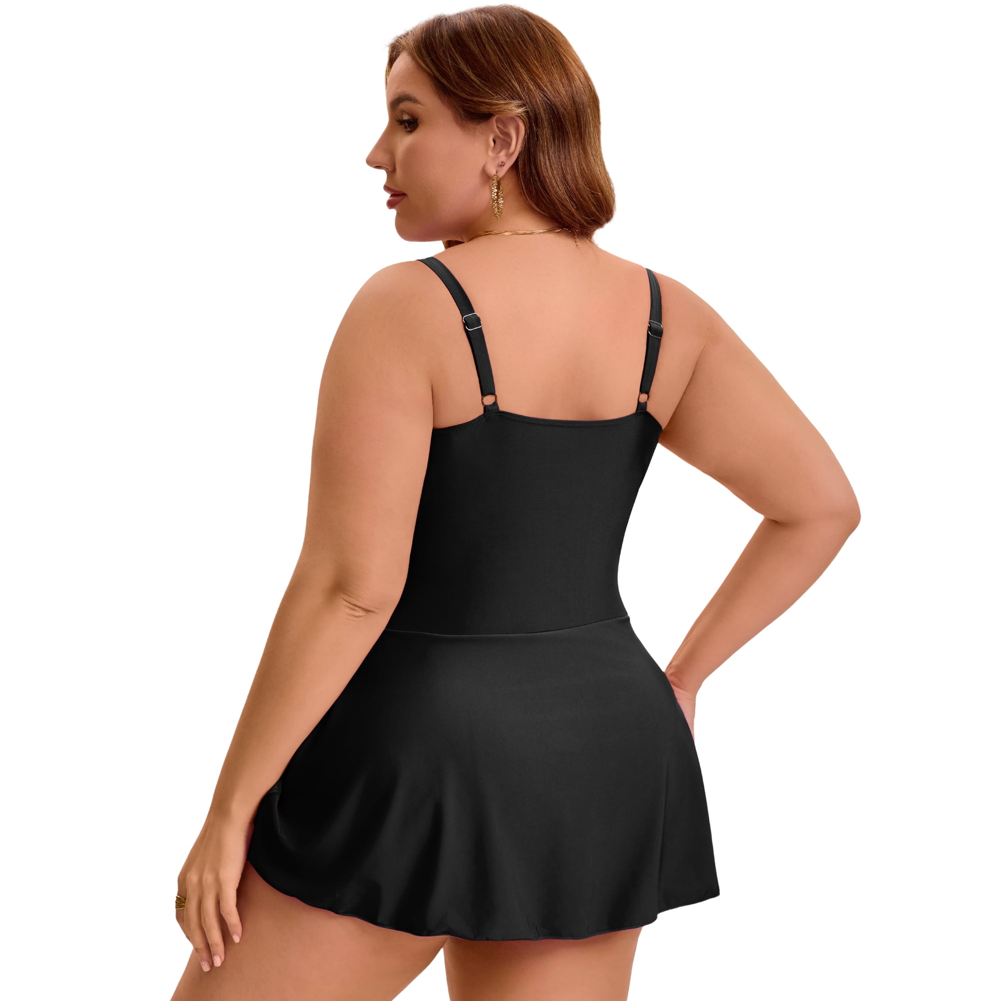 DARING DIVA Women's Plus 1 Piece Tummy Control Push Swimdress 3X Black