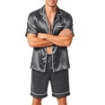 thumbnail image 2 of Mens Pajamas Set Silk Satin Sleepwear Short Sleeve Button Up Pjs Soft 2 Piece Lounge Set with Pocket Big and Tall Gray L, 2 of 7