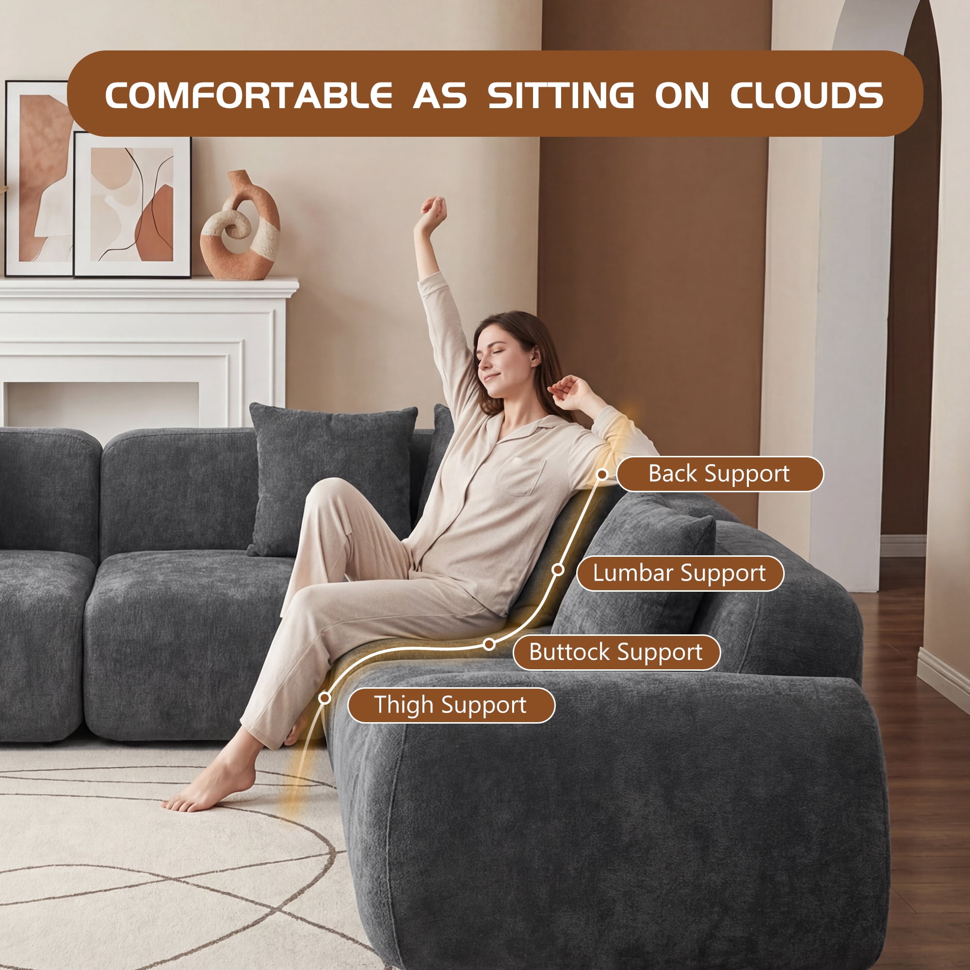 118" Wide Curved Velvet Modular Sectional Sofa, Oversized L-Shaped Cloud Couch with Memory Foam