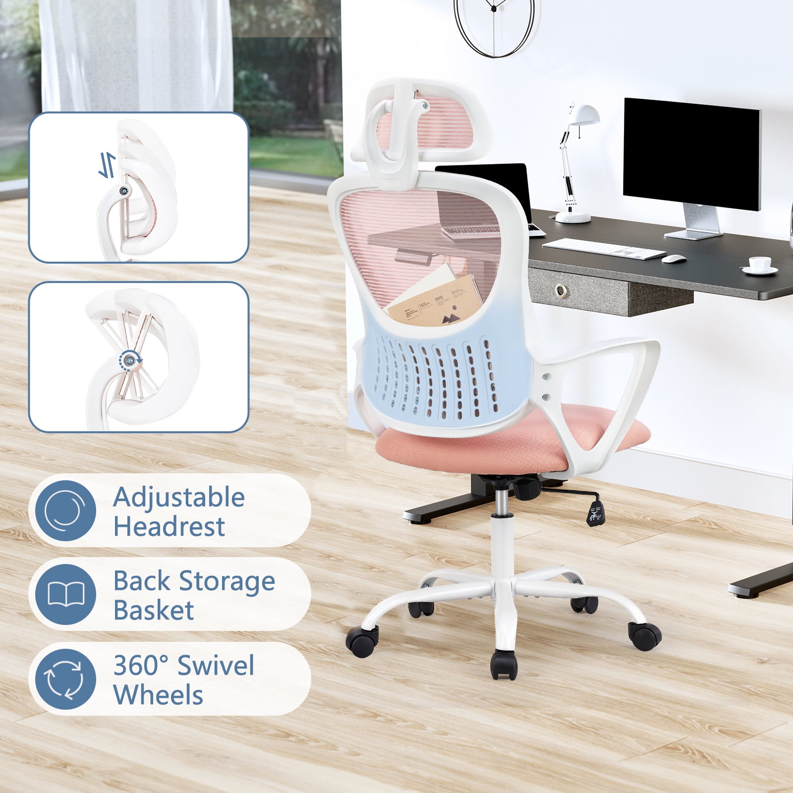 JOINSUN Ergonomic Mesh Office Desk Chair with Adjustable Headrest, Lumbar Support and Fixed Armrests, Pink