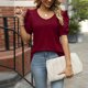 thumbnail image 3 of Camiseta informal para mujer manga farol cuello en V moda ligera combina con todo (rojo vino S) FLhrweasw Para estrenar, 3 of 7