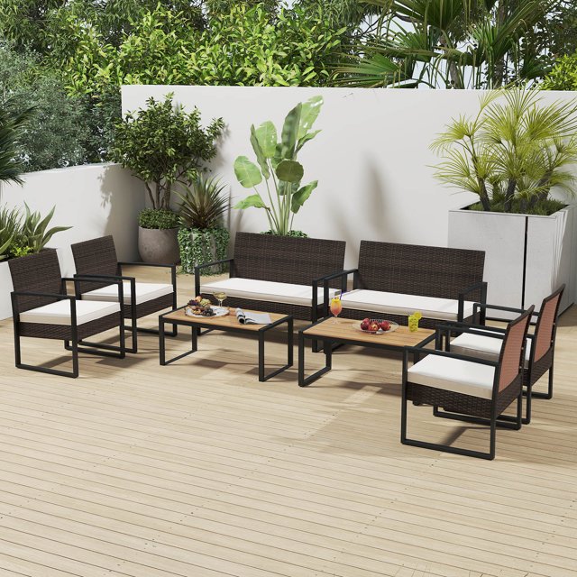 Gymax 8 Pieces Patio Furniture Set PE Rattan Porch Chairs w/ Loveseat & Coffee Table