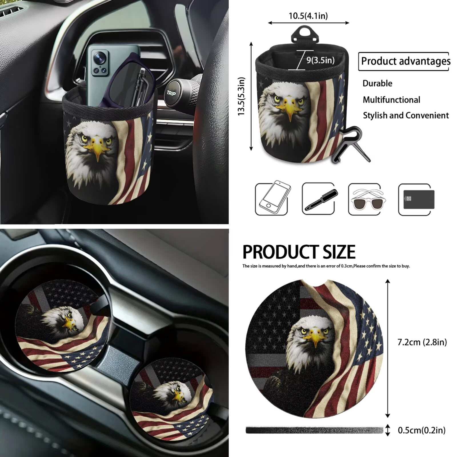 KUIFORTI Bald Eagle Car Seat Covers Front Seats American Flag Seat Belt Cover Pad, Steering Wheel Protector, Coasters, Chapstick Holder, Car Trash Can, Car Pouch Car Vent Pocket