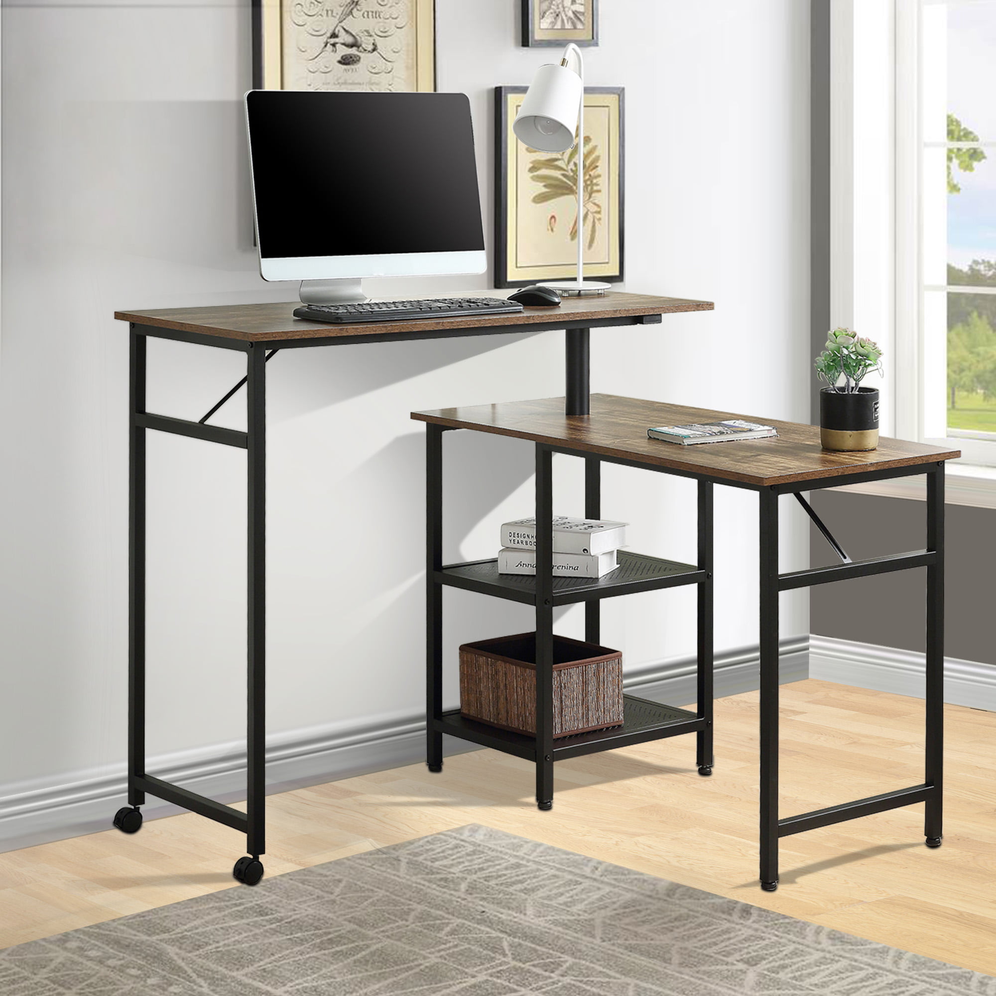 H-Shape Computer PC Laptop Table Corner Desk MDF Stand Study W/ Storage Shelves 