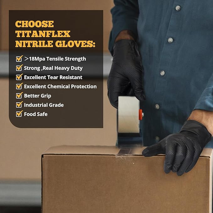 TitanFlex Heavy Duty Black Nitrile Gloves, Medium, 6 Mil with Raised Diamond Texture, Industrial Work Gloves Disposable Latex Free, Powder Free, Mechanic Disposable Gloves (Box of 100)