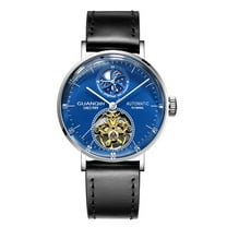 GUANQIN Men Analog Automatic Self Winding Mechanical Skeleton Stainless Steel Leather Vintage Wrist Watch Moon Phase Chronograph Sapphire Mirror Clock Man Great Gift Choice for Holidays Birthday