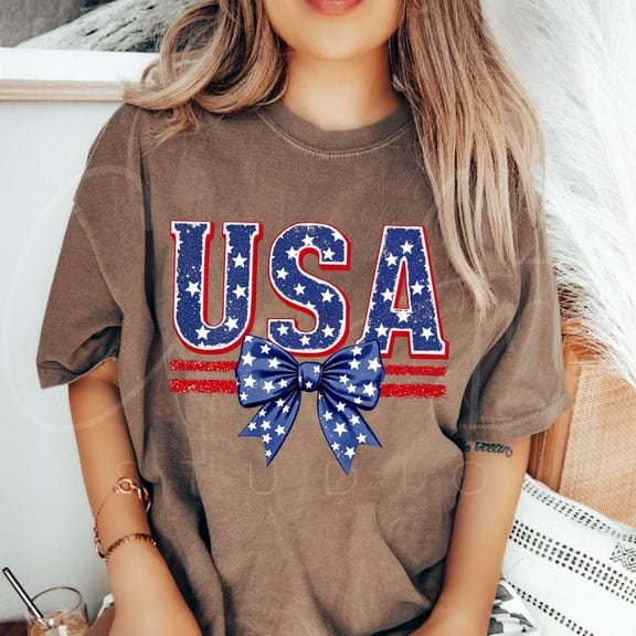 Patriotic USA Letters T-Shirt, USA Flag Bow T-Shirt, Fourth of July Bow Tee, Stars and Stripes Bow T-Shirt