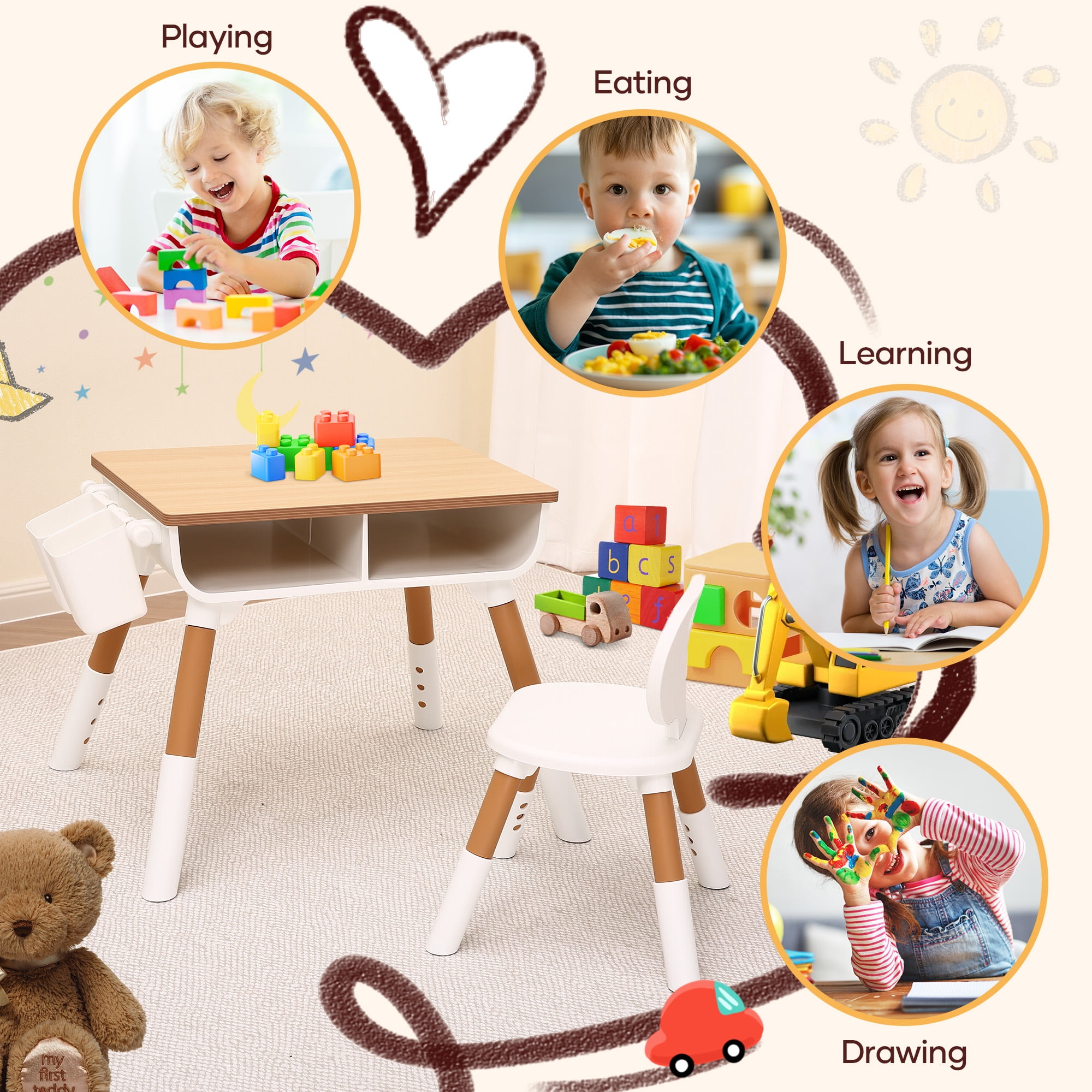 Naipo Adjustable Toddler Table and Chair Set with Drawer and Basket, Kids Furniture for Reading, Drawing, Eating, Preschool, Ages 3-8, White