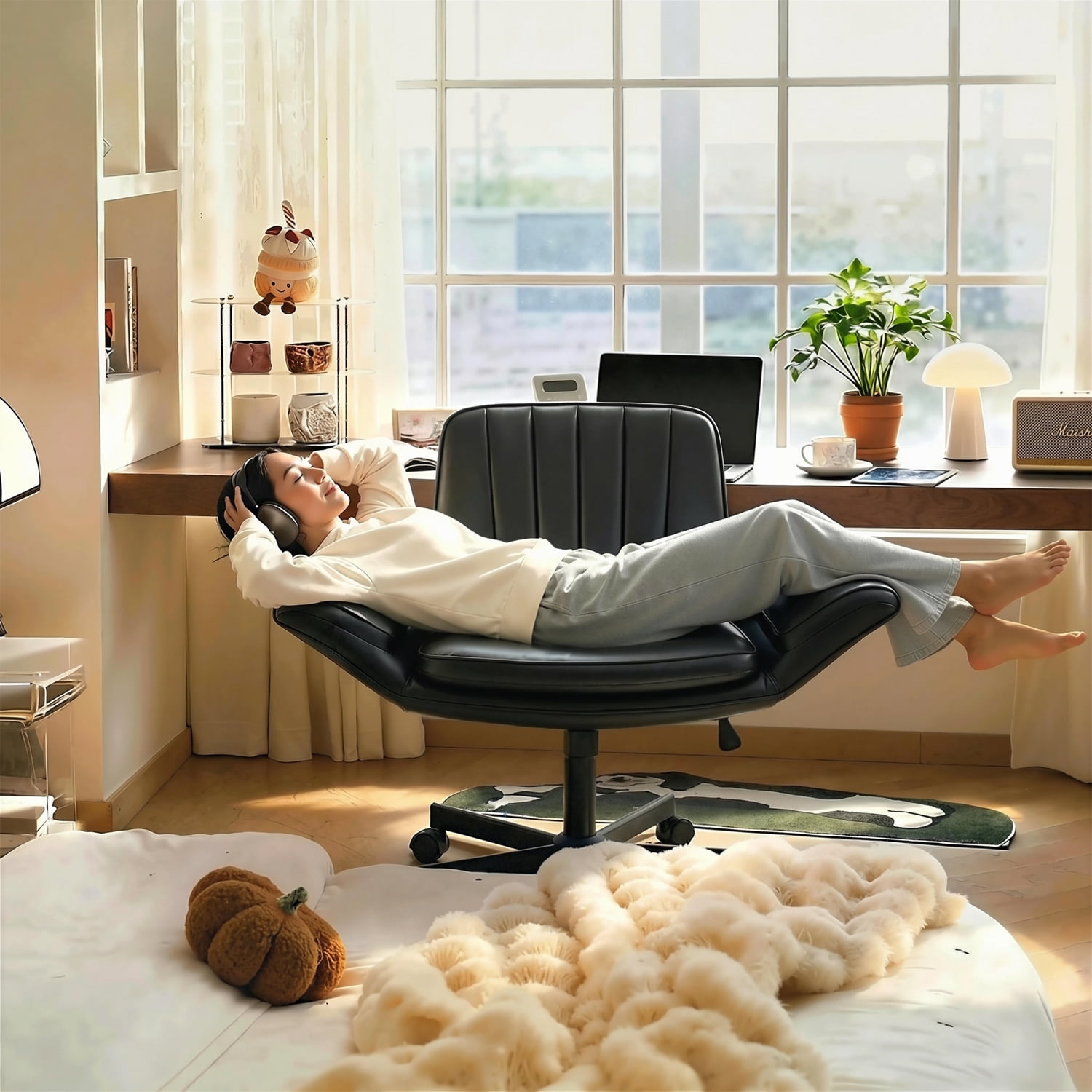 Waleaf Criss Cross Chair with Wheels & Armrests, Criss Cross Office Swivel Chair, PU Leather Vanity Chair with Back, Beige Comfortable Adjustable Vanity Desk Chairs for Home Office and Bedroom