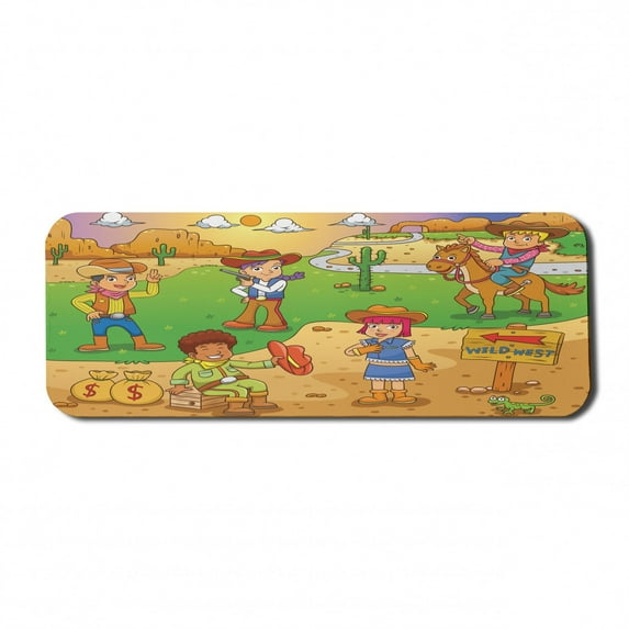 Cartoon Computer Mouse Pad, Image of Child Cowboy Wild West Cartoon North America Culture Kids Design, Rectangle Non-Slip Rubber Mousepad Large, 31" x 12" Gaming Size, Brown Green, by Ambesonne