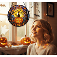 thumbnail image 3 of Halloween Suncatcher Stained Glass Window Hanging, Black Cat on Pumpkin with Full Moon and Bats, Stained Glass Halloween Window Decor for Spooky Home Decoration (7.9IN), 3 of 6