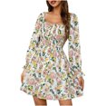 thumbnail image 1 of Mini vestido elástico con estampado de cuello cuadrado de manga larga informal para mujer a la moda Fridja NMB1863, 1 of 8