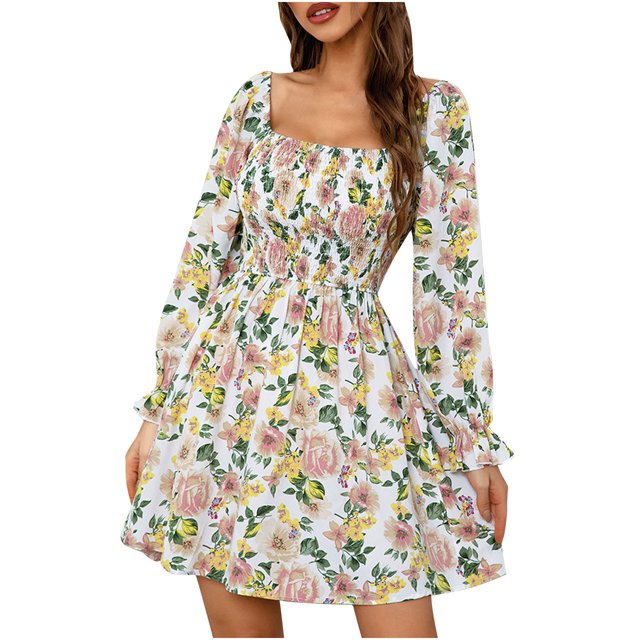 Mini vestido elástico con estampado de cuello cuadrado de manga larga informal para mujer a la moda Fridja NMB1863