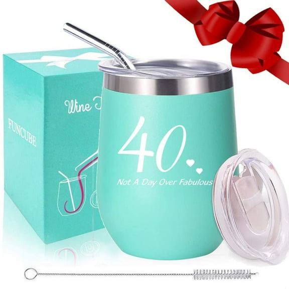 40th Birthday Gifts for Men, Wine Tumbler with Funny Saying, Not A Day Over Fabulous, 12oz Stainless Steel Tumbler with Lid, Ideas Gifts for Husband, Father, Friends, Coworkers, Mint Blue