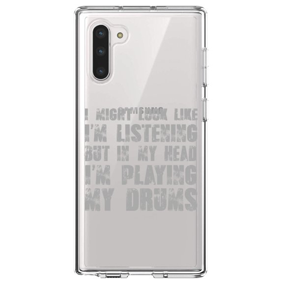 DistinctInk Clear Shockproof Hybrid Case for Samsung Galaxy Note 10 (6.3" Screen) - TPU Bumper Acrylic Back Tempered Glass Screen Protector - In My Head, I'm Playing Drums