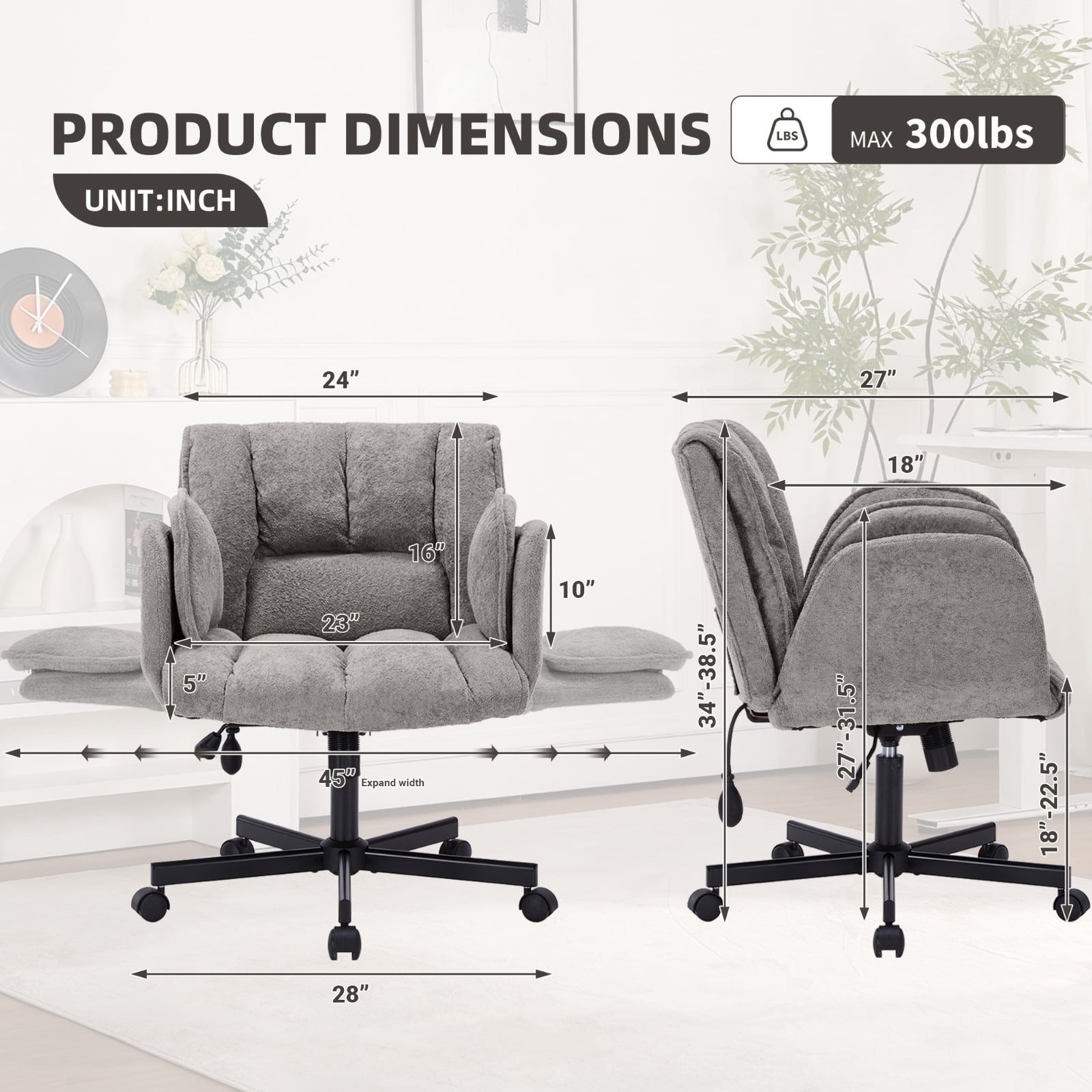 Cross Legged Office Chair with Wheels & Dynamic Airbag Lumbar Support, Criss Cross Wide Seat, 5-Position Fold-Down Armrests, Swivel Vanity Chair for Home Office, Gray