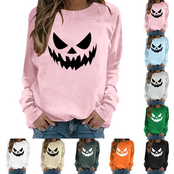 WEIWEN Halloween Sweatshirt for Women 2026 Funny Pumpkin Face Printed Crewneck Long Sleeve Tops Women's Clothing Dressy Casual Fall Outfits for Women Sweaters Green, S