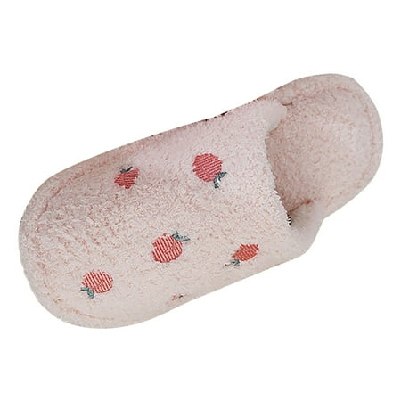 

NKOOGH Cherry Print House Slippers Plush Lined Warm Slippers for Women Anti-Slip Rubber Sole Fall Slippers Coral Velvet Cotton Slippers Pink 37