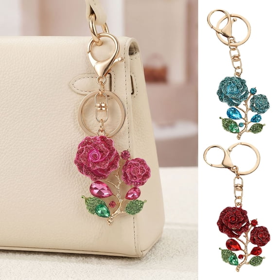 SmartBy Bling Rose Keychain for Women Rhinestone Flower Keyring Accessory Sparkling Bag Charm for Purse Handbag