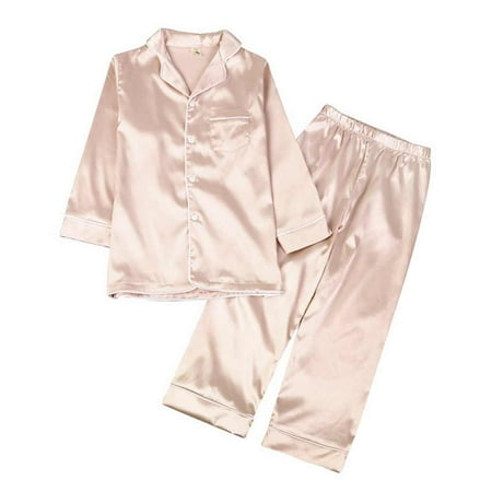 

Promotion!Toddler Kids Boy Girl Silk Satin Pajamas Loungewear Two-piece Sleepwear Button-Down Pj Set