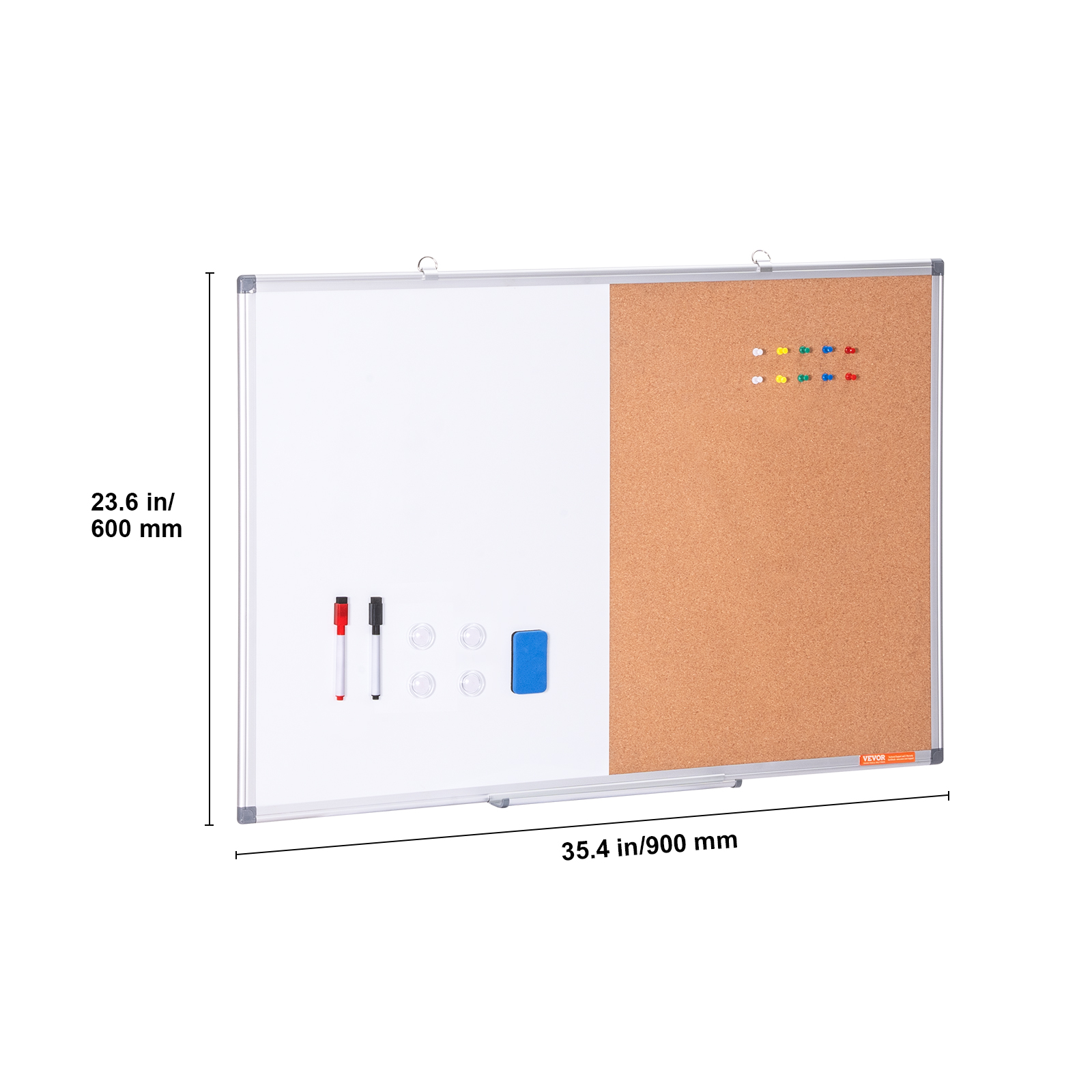VEVOR 36"x 24" Whiteboard & Cork Board Combo with Aluminum Frame – 2-in-1 Magnetic Dry Erase Bulletin Board for Wall Mount – Ideal for School, Home, Office