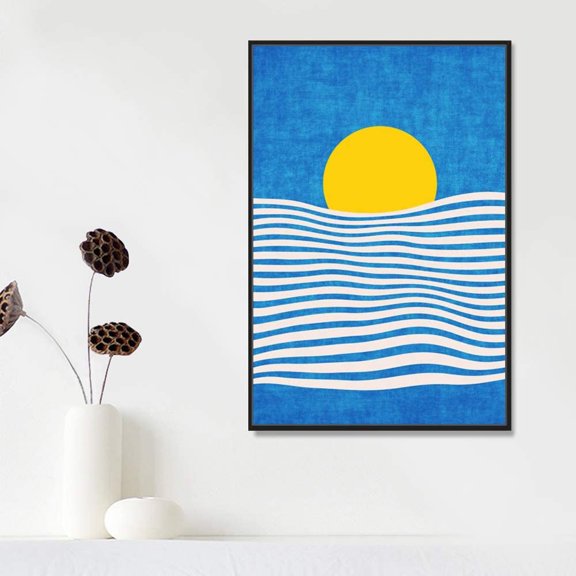 IDEA4WALL Framed Canvas Prints Wall Art Yellow Sun & Line Art on Blue Background for Living Room, Bedroom, Office Ready to Hang - 16x24 inches