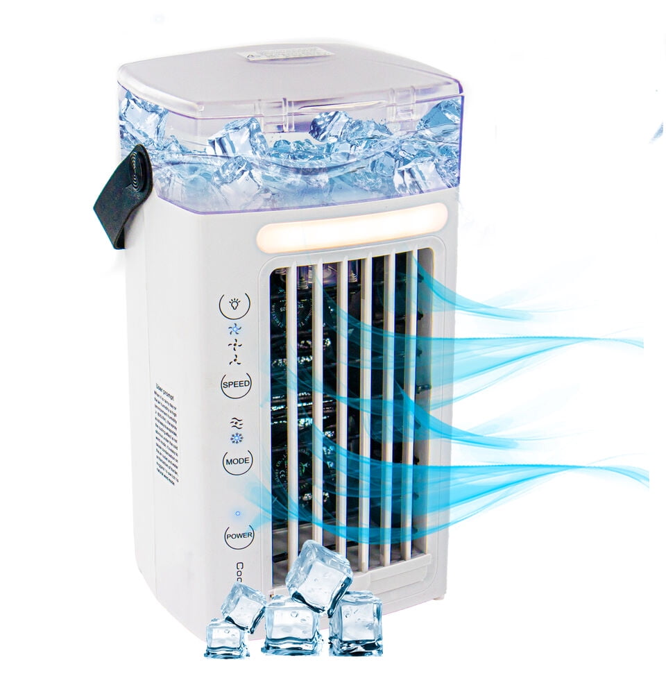 Portable Air Conditioner - Personal Space 3-in-1 Evaporative Air Cooler Compact Desk Humidifier, Mobile Mini AC, and Dual Fans - 3 Adjustable Speeds and 7 LED Lights - Ideal for Home or Office