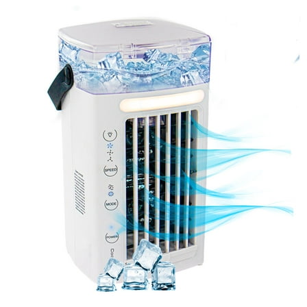 Portable Air Conditioner - Personal Space 3-in-1 Evaporative Air Cooler Compact Desk Humidifier, Mobile Mini AC, and Dual Fans - 3 Adjustable Speeds and 7 LED Lights - Ideal for Home or Office