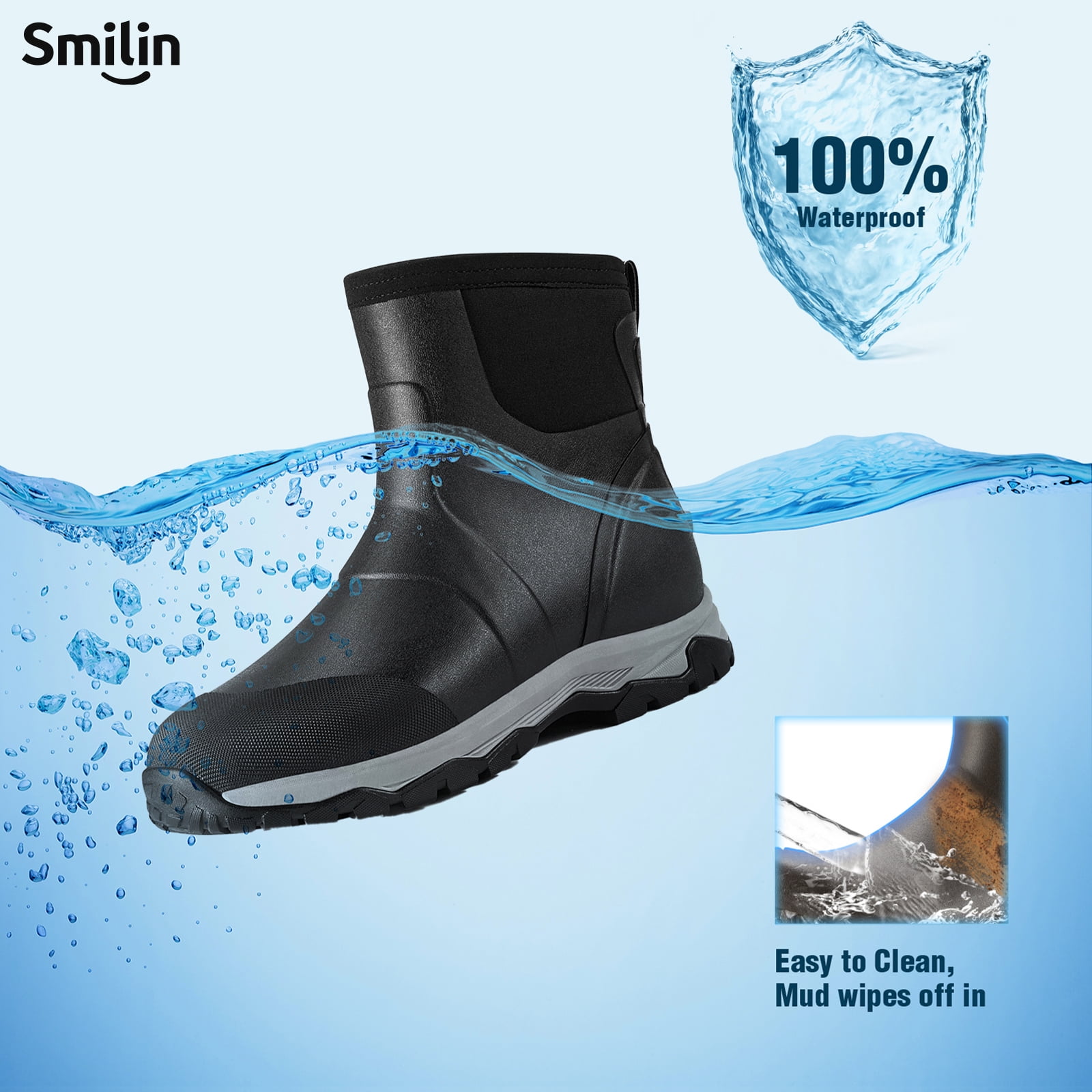 SMILIN Men's Rain Boots, Anti-Slip Ankle Height Outdoor Work Boots for Mud, Snow, Hunting, and All-Season Activities, Black, US Size 10