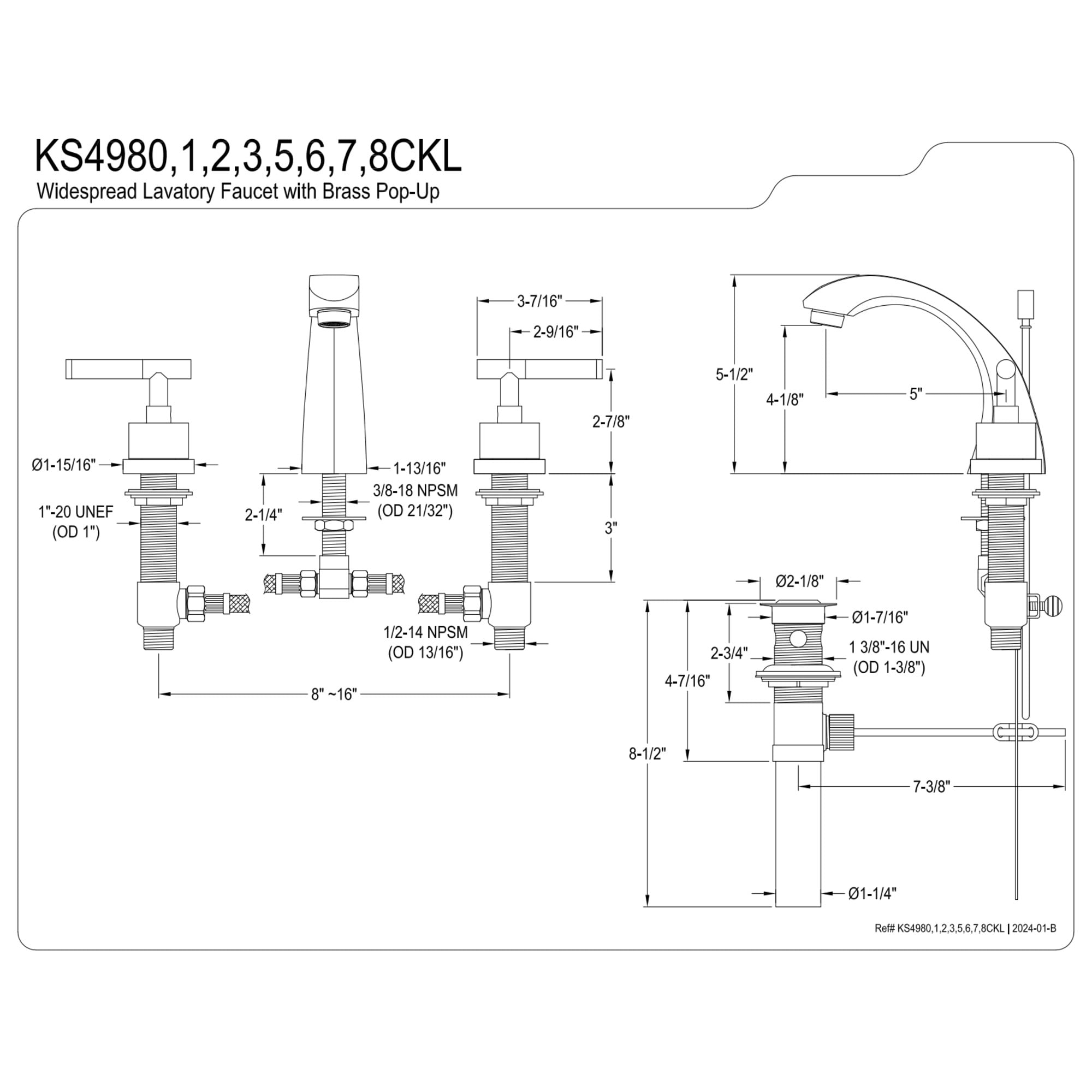 Kingston Brass KS4982CKL Kaiser Widespread Bathroom Faucet with Brass Pop-Up, Polished Brass