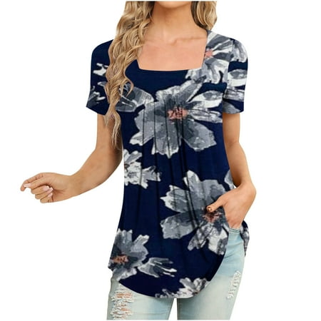 

Short Sleeve Blouses for Women Women Fashion Printed Casual Round-Neck Short Sleeve Loose T-Shirt Blouse Tops Oversized T Shirts for Women Blue XL