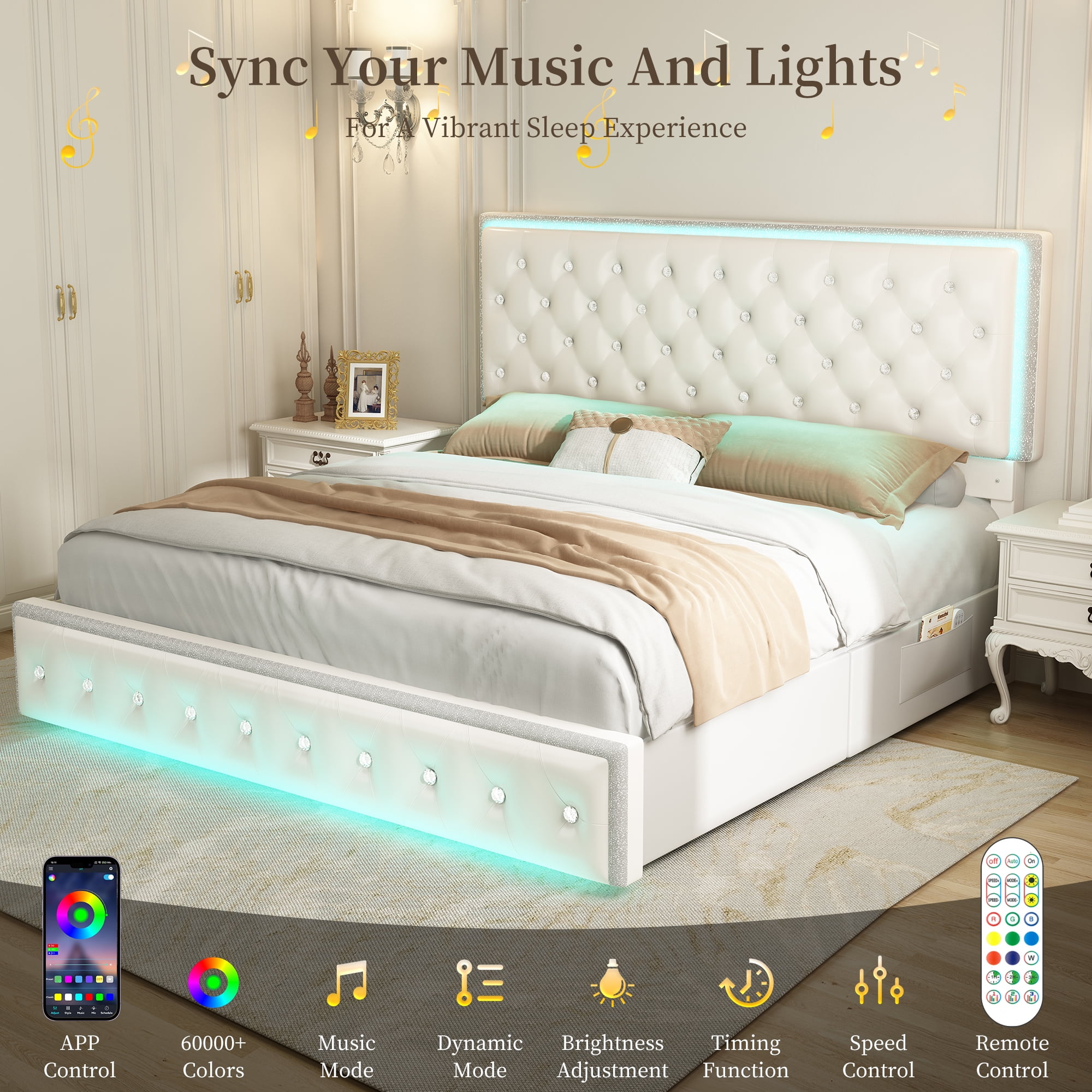 SIBEDS Full Upholstered LED Bed Frame with 2 Storage Drawers, PU Leather White Diamond Tufted Headboard, RGB Lights, Noise Free, No Box Spring Needed