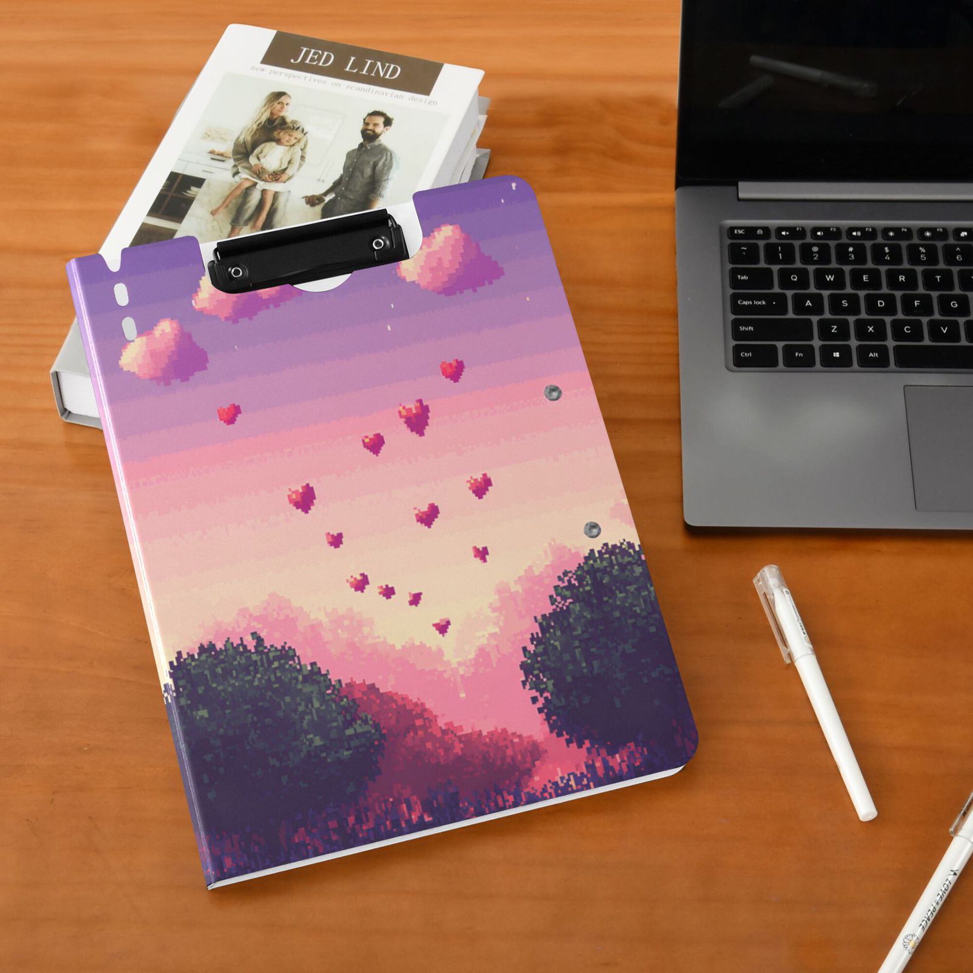 FORMRS A4 Clipboard Folder with Pen Holder Horizontal Foldable School Office Binder, Pixel Floating Hearts