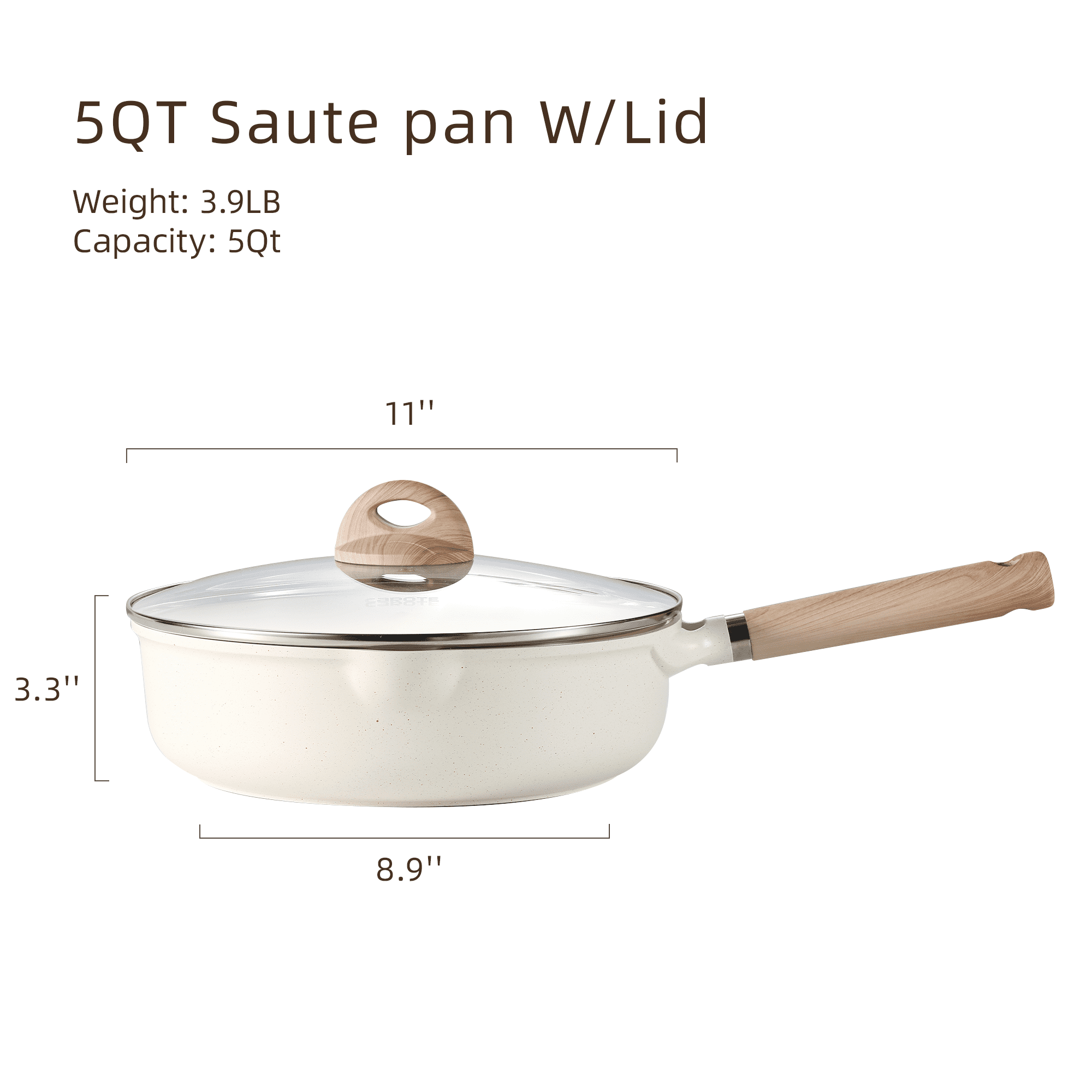 Carote 11" Nonstick Saute Pan With Lid Cover Non-Stick Deep Frypan With Induction, Bon Appetit, White Granite, 5QT