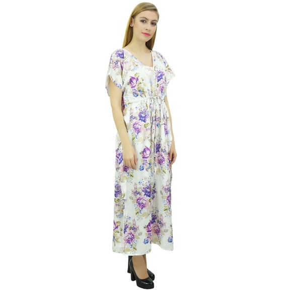Bimba Women's Long Maxi Kaftan Drawstring White Floral Getting Ready Gown - 12