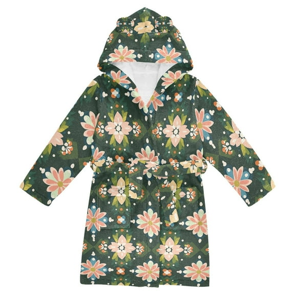 FORMRS Niños Bathrobe Unisex Hooded Robe Soft Plush Pajamas Sleepwear, Size 2-3T, Pink Geometric Flowers