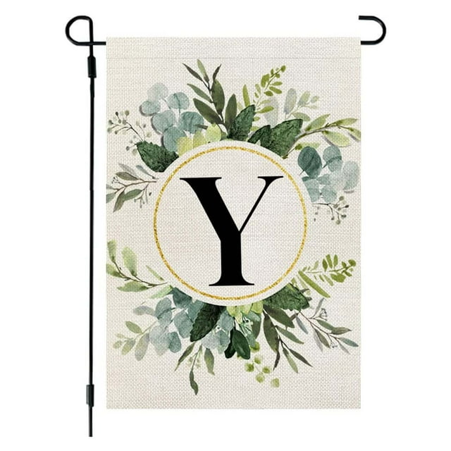 Garden Flags for Outside,Welcome Garden Flag Ins Style, 26 Letters+Green Plant Printing, Flax Garden Flag, First Letter of Surname, Hanging Flag at the Gate of Courtyard Spring Garden Flag