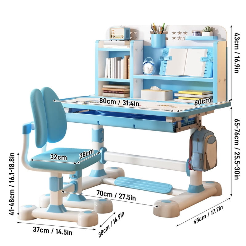 YNCE Kids Height Adjustable 2-in-1 Desk and Chair Set w/ Posture Support Ergonomic Chairs Book Rest Footrest, Study Table for Children Grows 3-8 Year