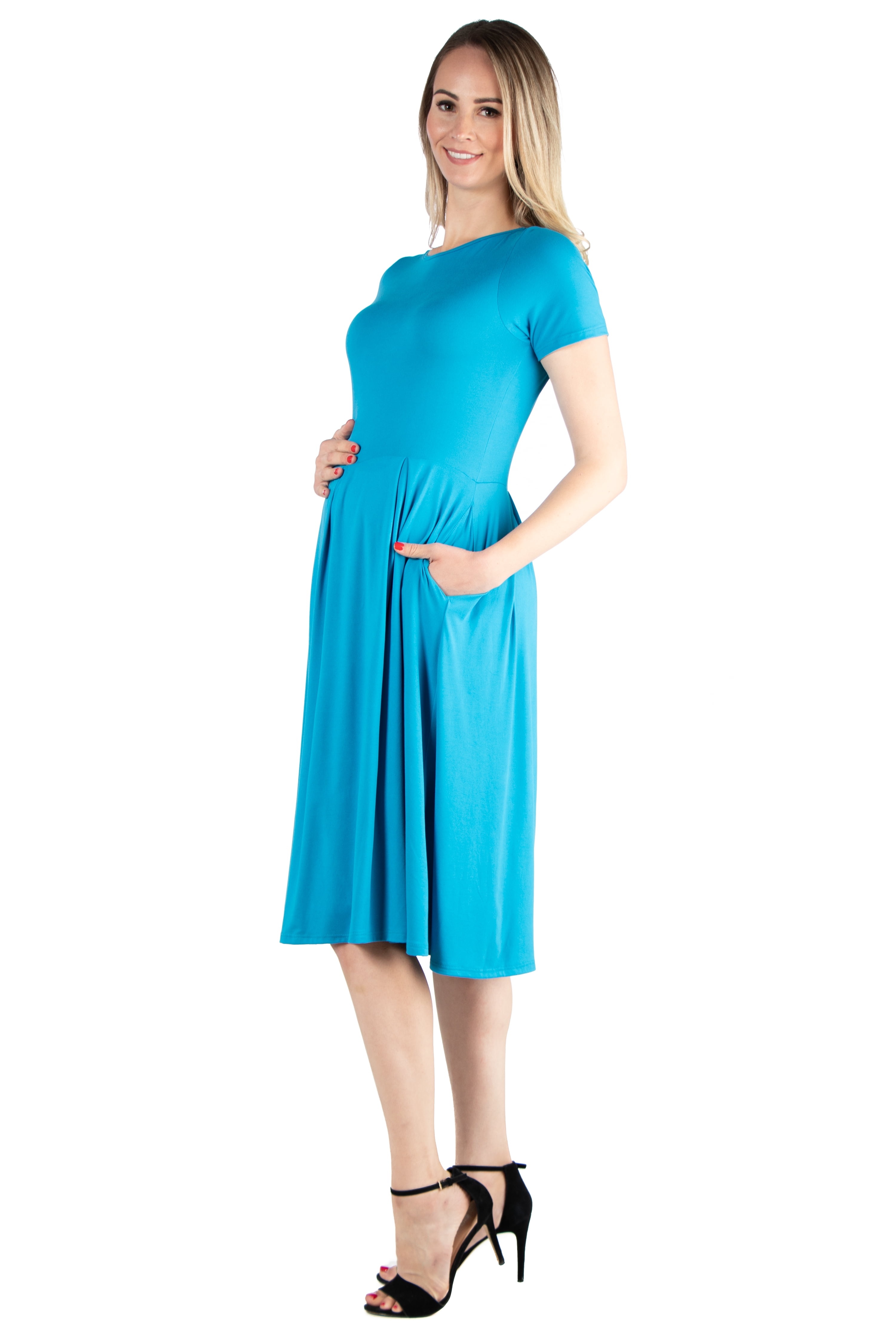 24seven Comfort Apparel Short Sleeve Maternity Midi Skater Dress With Pockets