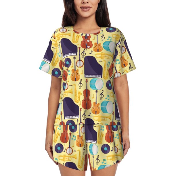 Balery Musical Instruments Conjunto de Pijama para Mujer con Estampado, Dos Piezas de Manga Corta y Shorts, Ropa de Dormir Suave con Cuello Redondo y Bolsillos-Medium