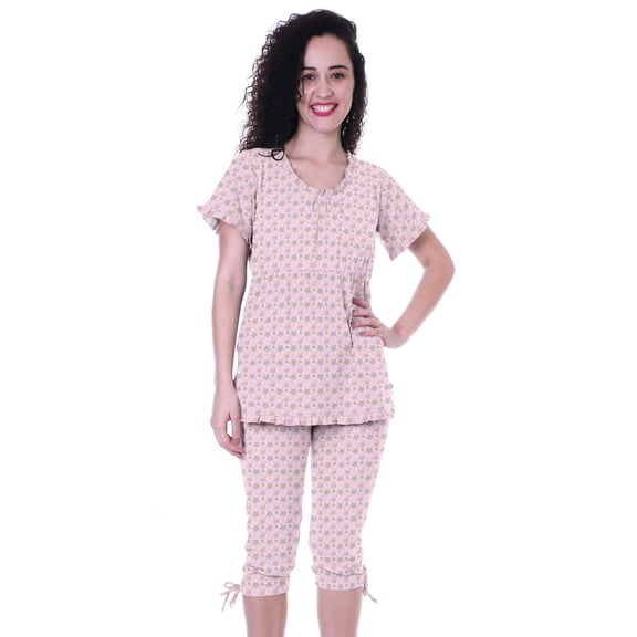 Moomaya Printed CottonNightwearSet For Womens Top & Capri Pant 2 Piece Sleepwear