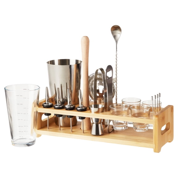 True Ultimate Barware Set with Wooden Stand, Home Bar Party Gifts, 20PC Set
