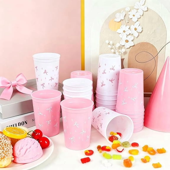 24 Piece Pink Bow Plastic Cups 12 Oz Reusable Party Cups for Birthday Bachelorette Wedding Baby Shower