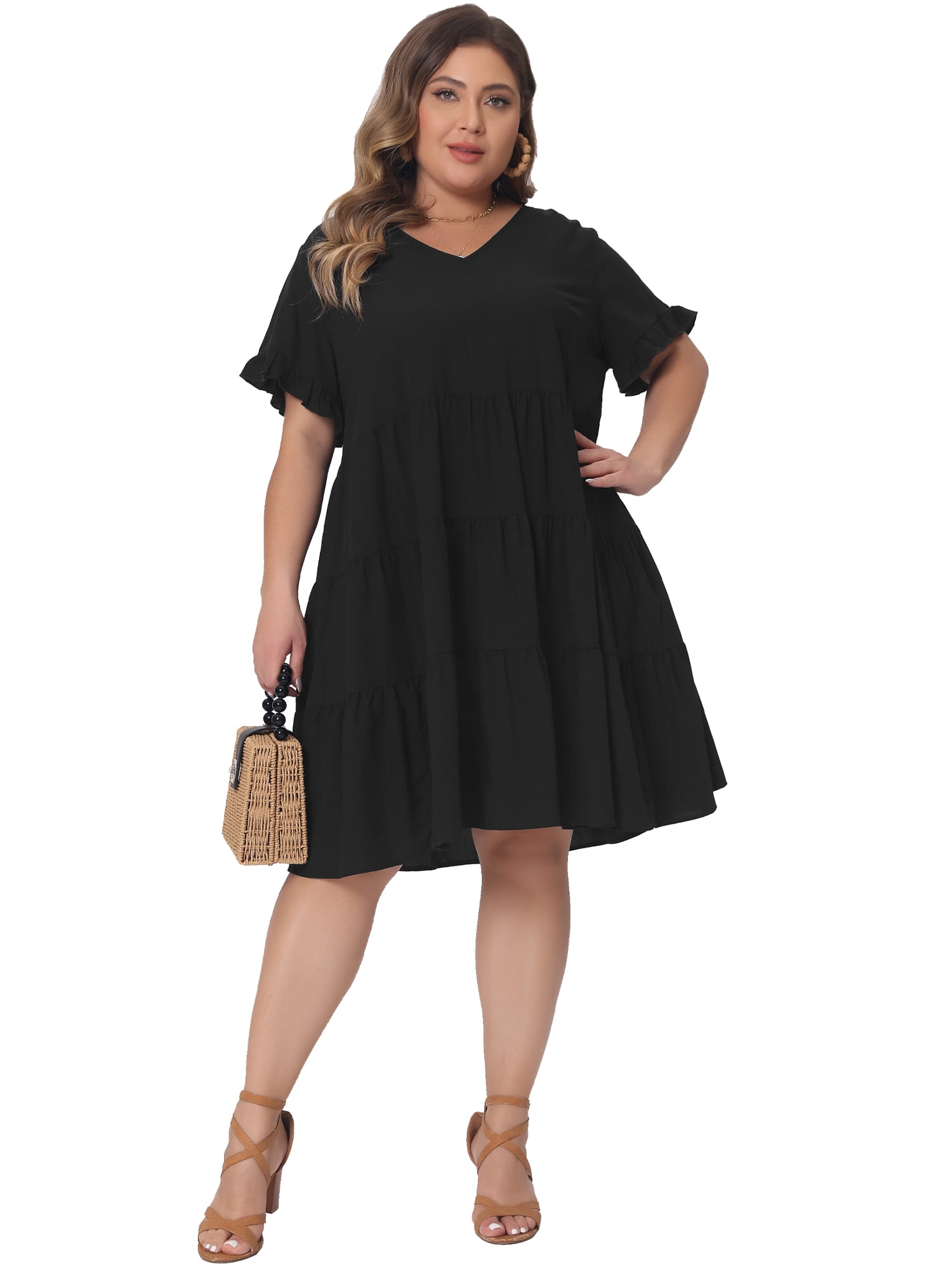 DARING DIVA Women's Plus Size V Neck Ruffle Sleeve Swing A Line Tiered Dress 4X Black